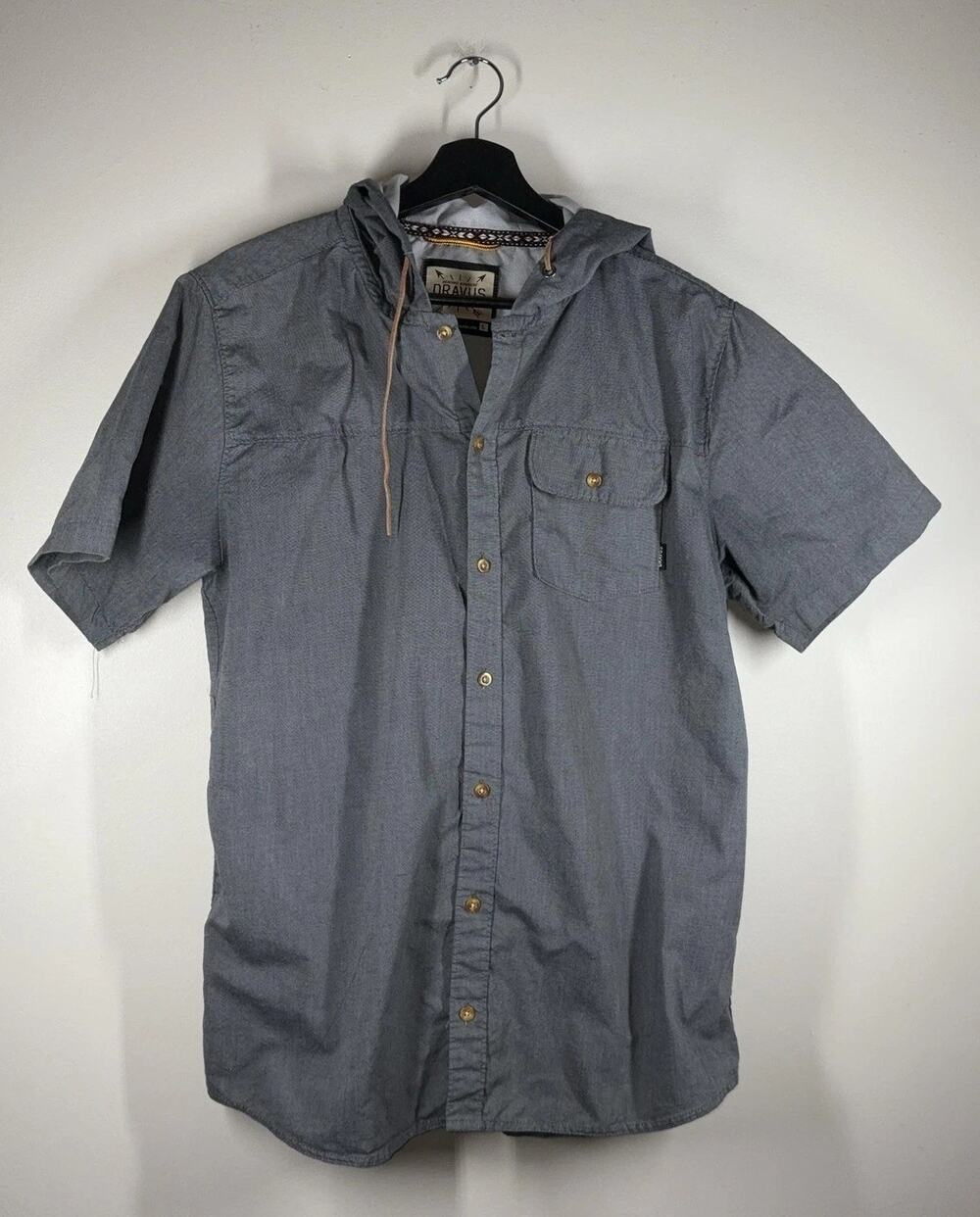 Dravus Shirt Mens Large Gray Hooded Short Sleeve Button Up Woven Casual Pocket